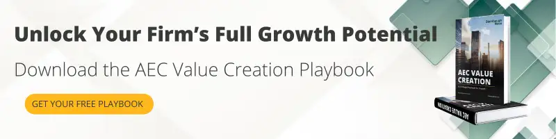 Banner with the text "Unlock Your Firm's Full Growth Potential. Download the AEC Value Creation Playbook." Includes a button labeled "Get Your Free Playbook" and shows a book titled "AEC Value Creation" with a city skyline on its cover.
