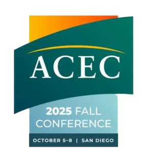 Logo for the ACEC 2025 Fall Conference, featuring event dates October 5-8 and location San Diego, with green, orange, and blue color blocks.