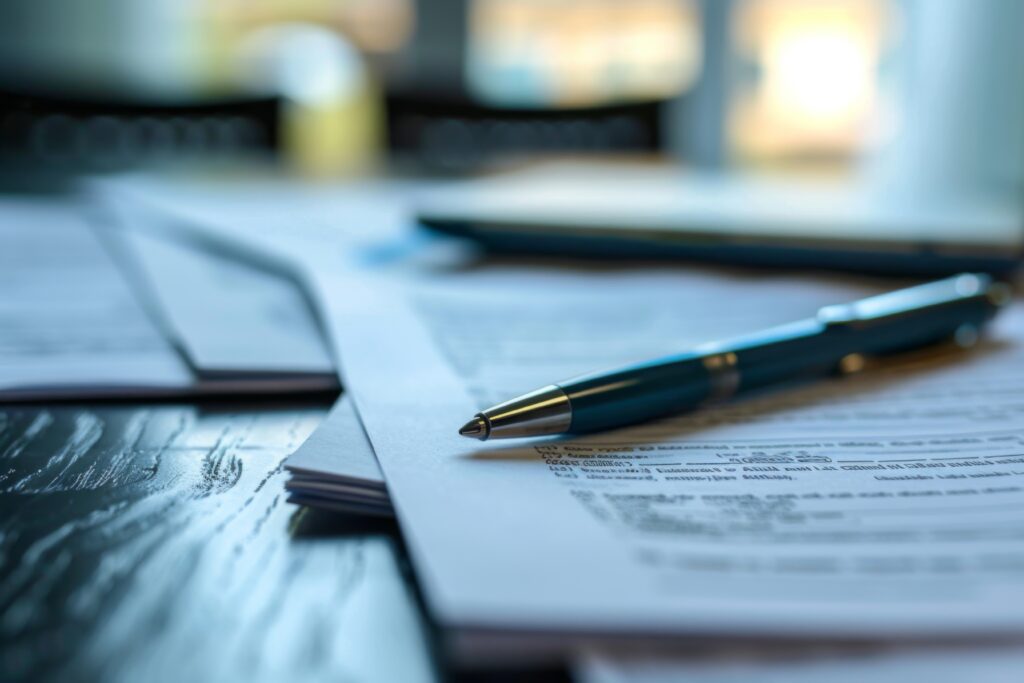 A close-up of a pen resting on paperwork with blurred office background. Text overlay reads: "Key Insights from the 'One Big, Beautiful Bill' Webinar" by Jen Nelson, CPA, MBA. Stambaugh Ness logo is in the upper right corner.