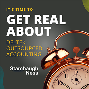 A gold alarm clock graphic with text: 'It's time to get real about Deltek Outsourced Accounting' and the Stambaugh Ness logo on a dark background with colorful accents.