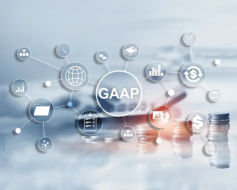 Diagram illustrating GAAP (Generally Accepted Accounting Principles) at the center, connected to various finance-related icons, with blurred stacks of coins and business charts in the background.
