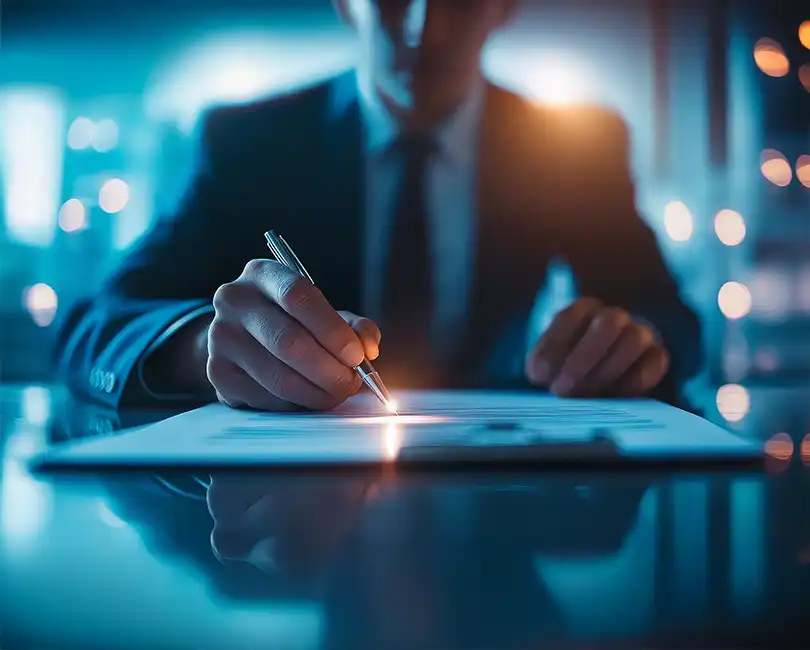 A person in a suit signs a document with a pen at a reflective table, in a softly lit, professional setting with bokeh lights in the background.