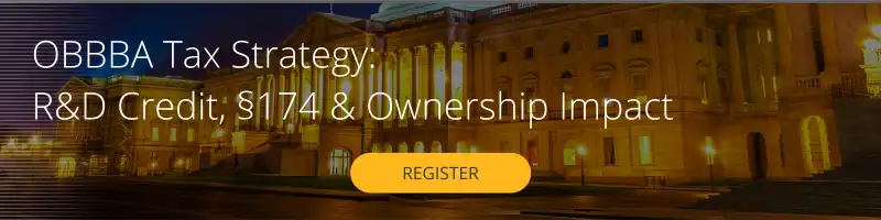 Banner with illuminated government building at night. Text: “OBBBA Tax Strategy: R&D Credit, §174 & Ownership Impact.” Yellow "Register" button centered below text.