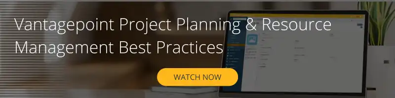A laptop displaying a project management dashboard sits on a desk. Text over the image reads, “Vantagepoint Project Planning & Resource Management Best Practices.” A yellow button below says, “WATCH NOW.”