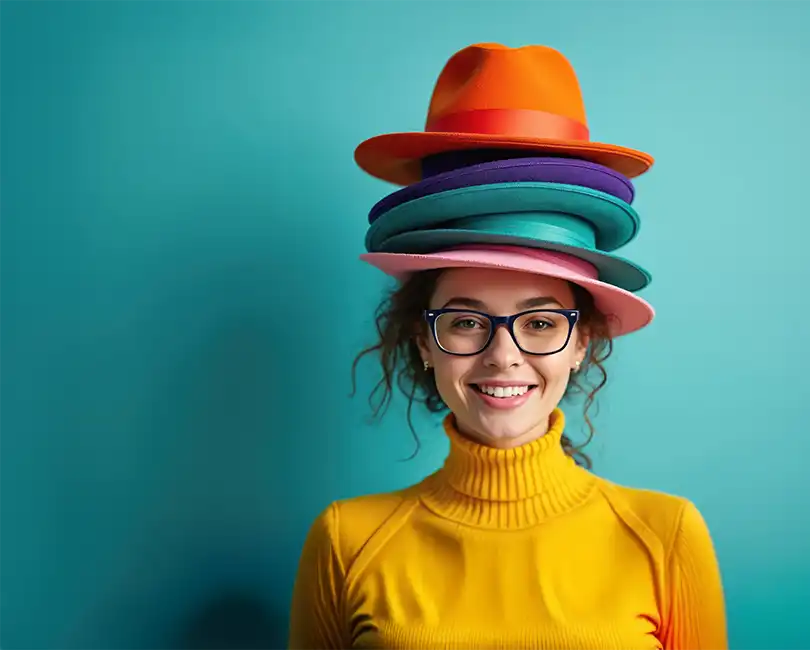 A smiling woman with curly hair and glasses wears a yellow turtleneck and balances five colorful hats stacked on her head, standing against a teal background.