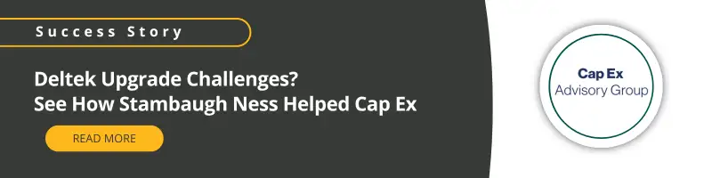 Banner with text: "Success Story. Deltek Upgrade Challenges? See How Stambaugh Ness Helped Cap Ex." Includes a "Read More" button and a circular Cap Ex Advisory Group logo on the right.