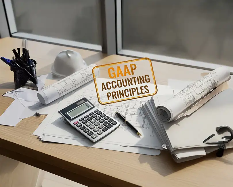 A calculator, pen, and rolled-up blueprints on a desk with the words "GAAP ACCOUNTING PRINCIPLES" in large lettering above the items.
