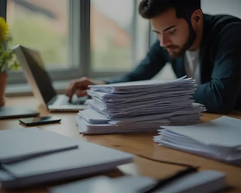 A man sits at a desk working on a laptop with large stacks of papers in front of him, appearing focused and busy. Natural light comes through a window in the background. A man sits at a desk working on a laptop with large stacks of papers in front of him, appearing focused and busy. Natural light comes through a window in the background.