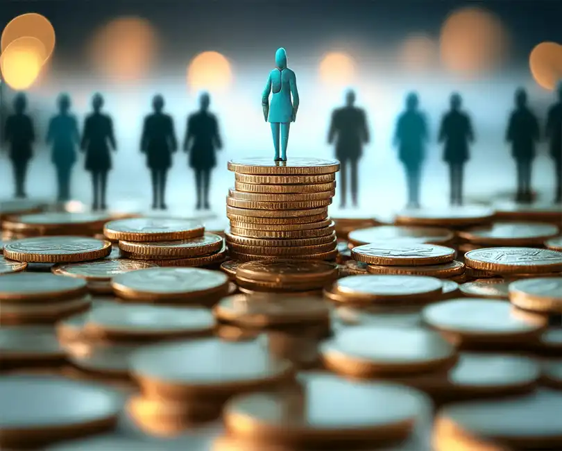 A small figure of a woman stands on top of a stack of gold coins, with more coins and blurred female silhouettes in the background, symbolizing gender and economic equality or disparity.