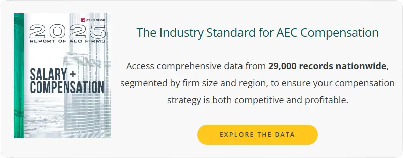 Cover of the "2025 Report of AEC Firms: Salary + Compensation" next to text highlighting data from 29,000 records nationwide for firm compensation, with a yellow "Explore the Data" button below.