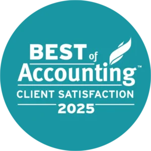 Teal circular badge with white text that reads: "Best of Accounting Client Satisfaction 2025" and a feather graphic next to the word "Accounting.