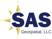 Logo for SAS Geospatial, LLC featuring the company name in bold blue letters over a yellow compass rose showing north, south, east, and west directions.