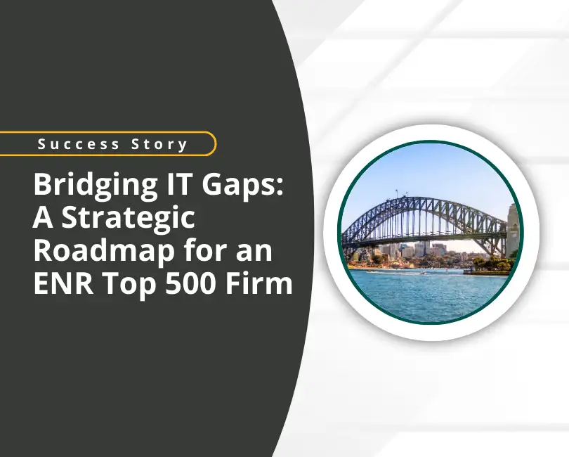 A business graphic titled "Bridging IT Gaps: A Strategic Roadmap for an ENR Top 500 Firm" features a circular photo of a large steel bridge over water and a yellow button labeled "Read More.