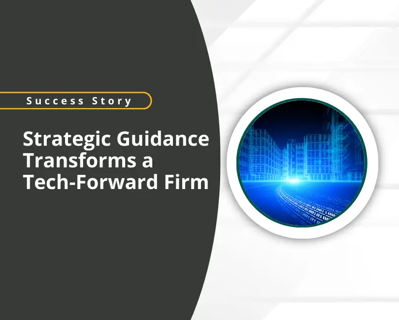 A business graphic with the text “Success Story: Strategic Guidance Transforms a Tech-Forward Firm.” Next to the text is a digital illustration of a futuristic city in blue tones and a yellow “Read More” button.