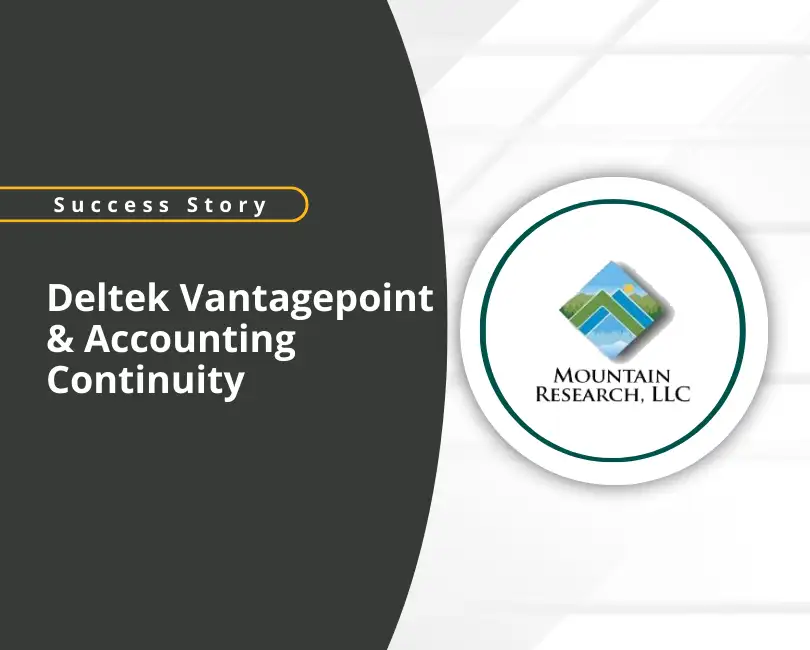 A graphic with the title “Deltek Vantagepoint & Accounting Continuity” and “Success Story” label. On the right, the Mountain Research, LLC logo is displayed. A yellow “Read More” button appears at the bottom left.