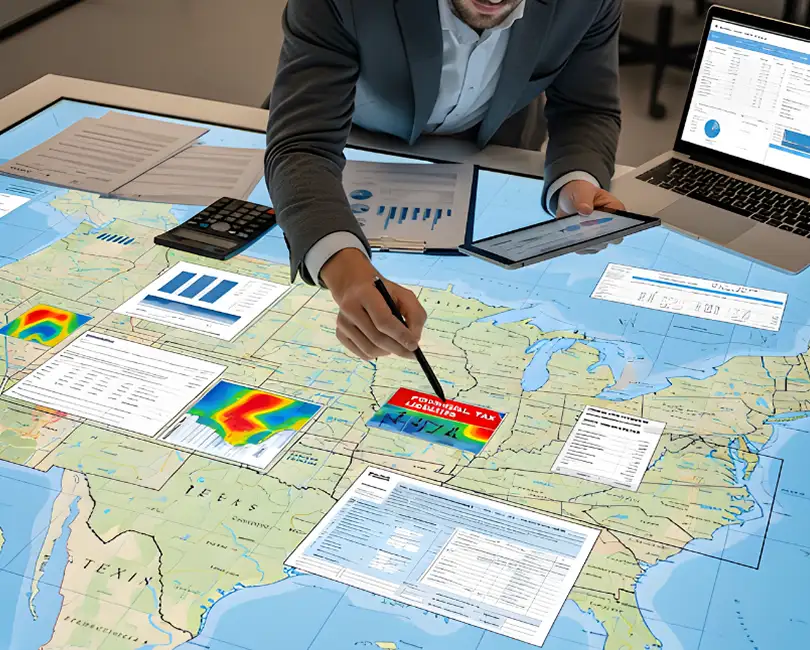 An office worker reviews financial graphs, documents, and a U.S. map with heat spots on a digital screen. Text overlay reads: "Year-End State Tax Planning: Don't Let New Federal Laws Create a Blind Spot" by Karen J. Poist, CPA.
