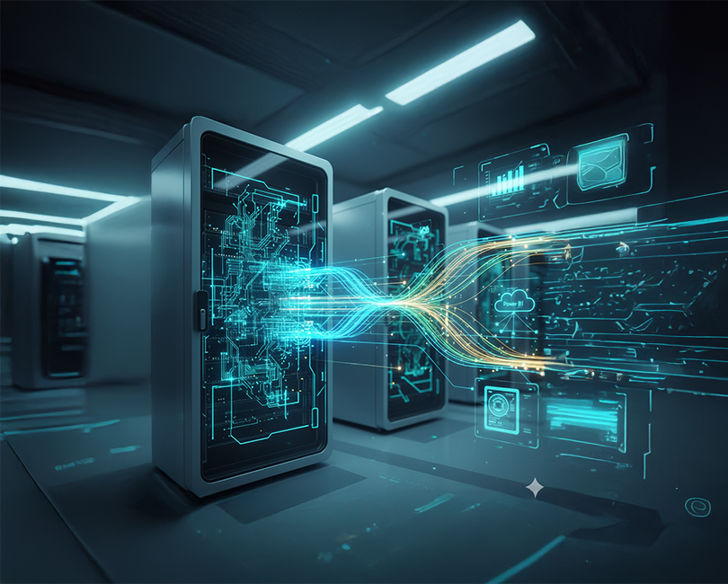 A futuristic server room with glowing data streams connecting servers. Text reads: "Choosing the Right Integration Strategy: API vs. Stored Procedures," by Michael Diorio, Stambaugh Ness.