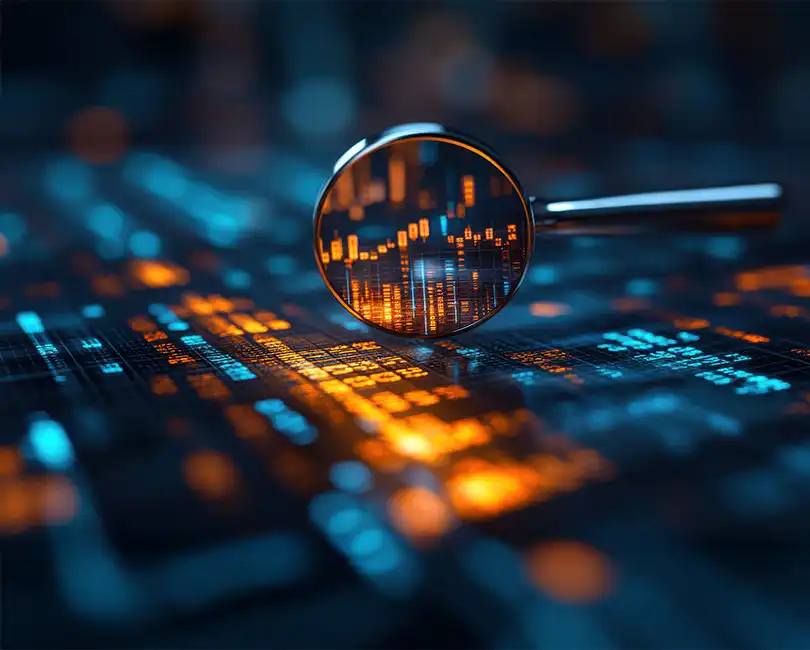 A magnifying glass hovers over a digital screen with data points and graphs. Text reads: "QoE in AEC M&A: Why Quality of Earnings Can Make or Break Your Deal" by Kevin Kline, CPA. Stambaugh Ness logo at the bottom right.