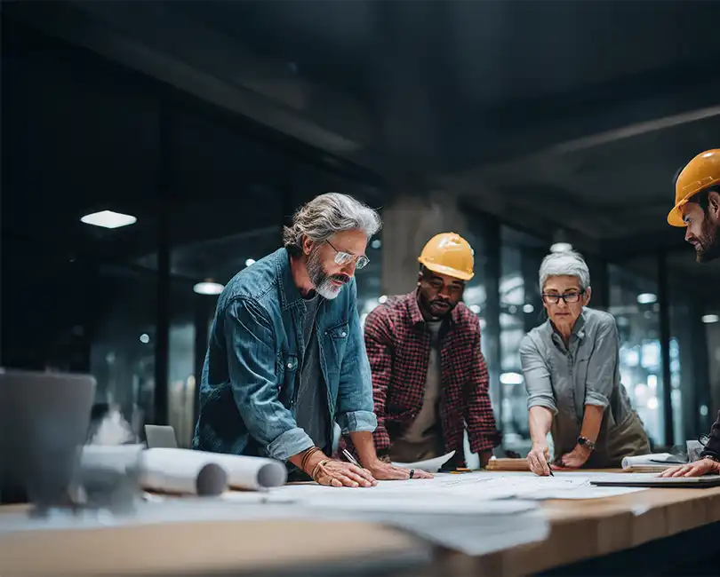 Three AEC professionals – a man in denim, a man in a hardhat, and a woman in glasses – collaborating over blueprints on a table. The image also contains the text 'Is the Seller-Doer Model Right for Your AEC Firm? BY: SCOTT D. BUTCHER, FSMPS, CPSM Stambaugh Ness'