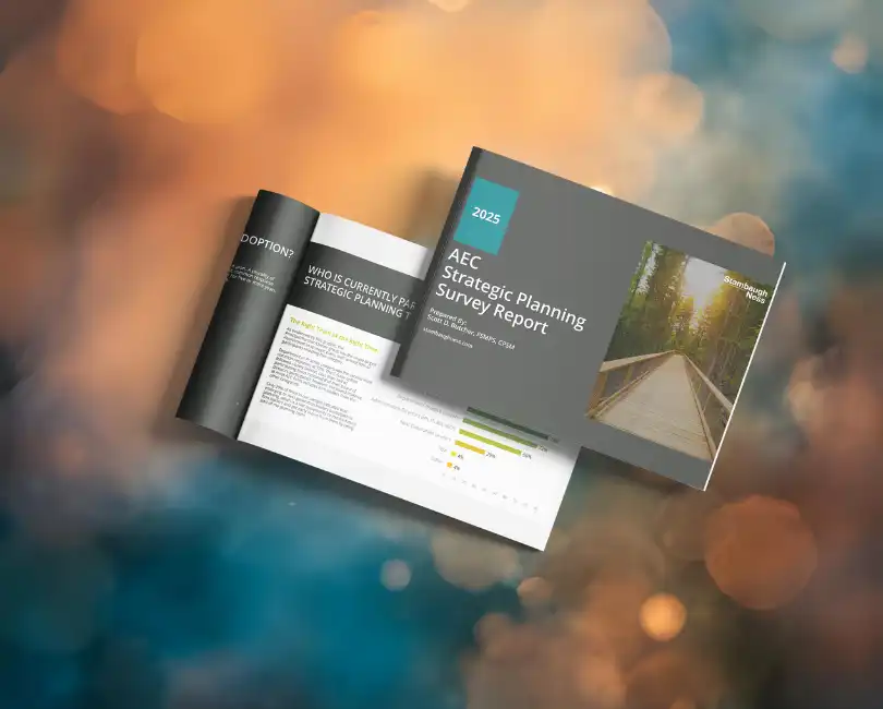 A promotional graphic displays the 2025 AEC Strategic Planning Survey Report by Stambaugh Ness, featuring an open report with charts and a closed report cover, on a blurred background with the tagline: "Discover the Disruptive Trends Shaping the Future of AEC.