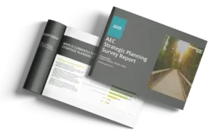 An open booklet and its cover titled "2025 AEC Strategic Planning Survey Report" with a photo of a wooden bridge; the inside pages show charts, graphs, and text.