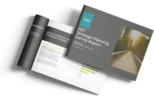 An open booklet and its cover titled "2025 AEC Strategic Planning Survey Report" with a photo of a wooden bridge; the inside pages show charts, graphs, and text.
