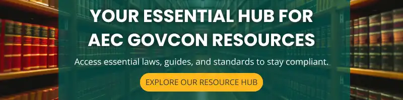 An 800x200 banner for Stambaugh Ness featuring a blurred image of a long library aisle filled with books. Overlayed on the image is a semi-transparent dark blue box containing white text that reads: 'YOUR ESSENTIAL HUB FOR AEC GOVCON RESOURCES. Access essential laws, guides, and standards to stay compliant.' Below the text is a blue button with white text that says: 'EXPLORE OUR RESOURCE HUB.' The Stambaugh Ness logo is in the top left corner.