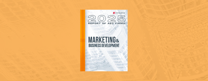 The image shows the cover of a report titled "2025 Report of AEC Firms: Marketing & Business Development" against an orange textured background