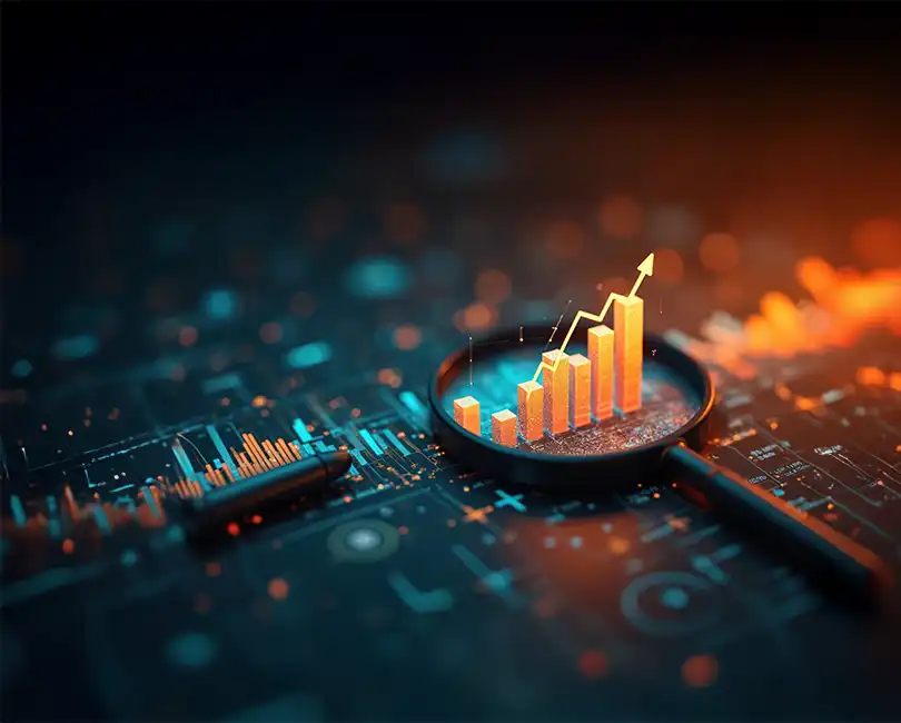 Cover of a publication titled "Beyond the Multiples: The Art and Science of AEC Firm Valuation" featuring a magnifying glass over an upward-trending bar graph with digital financial icons in the background.