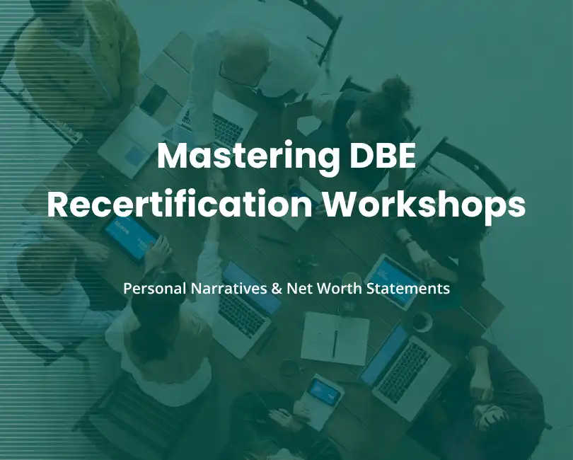 A group of people working together at a table with laptops and documents. Text overlay reads: "Mastering DBE Recertification Workshops: Personal Narratives & Net Worth Statements.