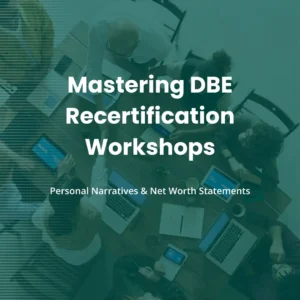 A group of people working together at a table with laptops and documents. Text overlay reads: "Mastering DBE Recertification Workshops: Personal Narratives & Net Worth Statements.