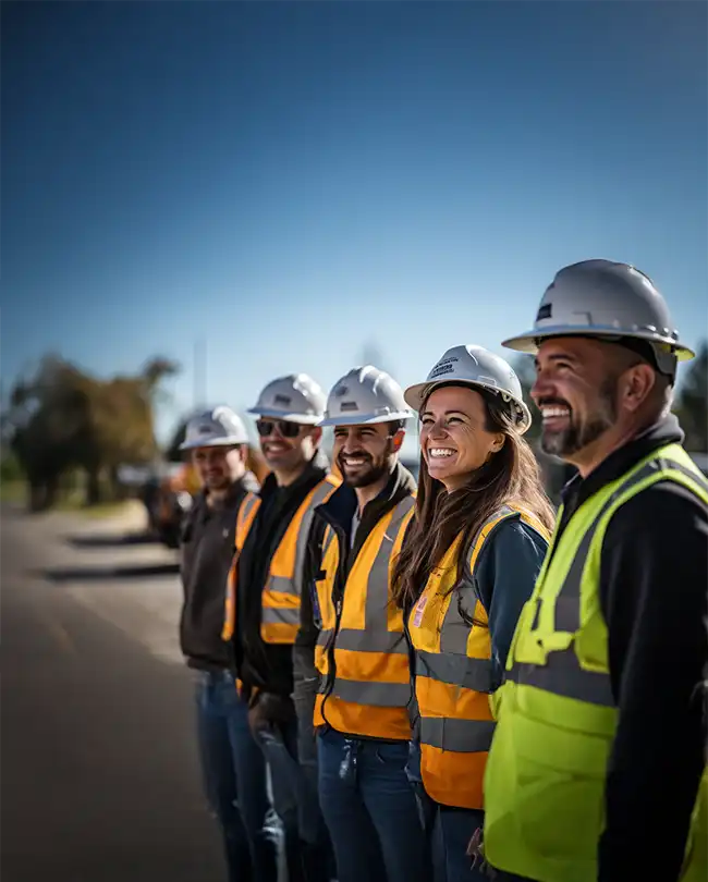 A group of smiling construction professionals in safety gear stands outdoors. Overlaid text reads: "What’s Ahead for AEC Firms in 2026: Top Emerging Challenges" by Scott D. Butcher, with the Stambaugh Ness logo.