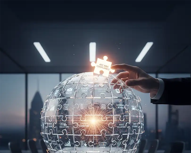 A person holds a glowing puzzle piece labeled “AEC M&A Compliance” above a digital globe with interconnected lines and various business terms. Text reads: "M&A in AE: Why State Licensing and Tax Compliance Can Make or Break Your Deal.
