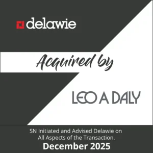 Graphic announcing that delawie has been acquired by Leo A Daly, with a note that Stambaugh Ness (SN) initiated and advised delawie on all aspects of the transaction. December 2025