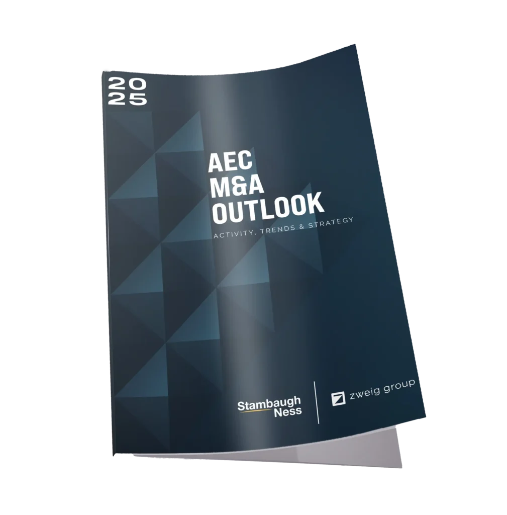 2020 AEC M&A Outlook Report cover, detailing Activity, Trends & Strategy. The publication is a collaboration between Stambaugh Ness, a professional services firm focused on the AEC industry, and Zweig Group. This document targets AEC businesses, strategic buyers, and private equity interested in mergers and acquisitions.