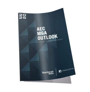 2020 AEC M&A Outlook Report cover, detailing Activity, Trends & Strategy. The publication is a collaboration between Stambaugh Ness, a professional services firm focused on the AEC industry, and Zweig Group. This document targets AEC businesses, strategic buyers, and private equity interested in mergers and acquisitions.