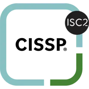 Official ISC2 CISSP certification emblem, featuring a teal and white rounded square border with "ISC2" in the corner and "CISSP" in bold black text