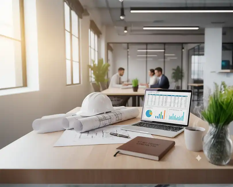AEC professional workspace featuring a hard hat, architectural blueprints, and a laptop displaying financial charts representing compensation strategy and overhead rate analysis.