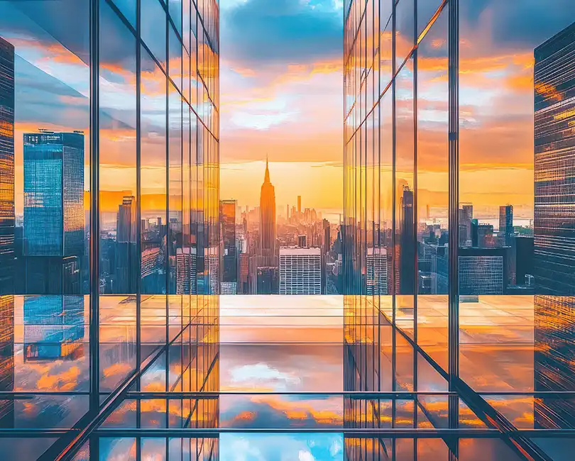 A modern city skyline viewed through reflective glass walls, featuring the title "Buy-Side: Why Clarity Eats Capital in AEC M&A" by Tom Godin of Stambaugh Ness.