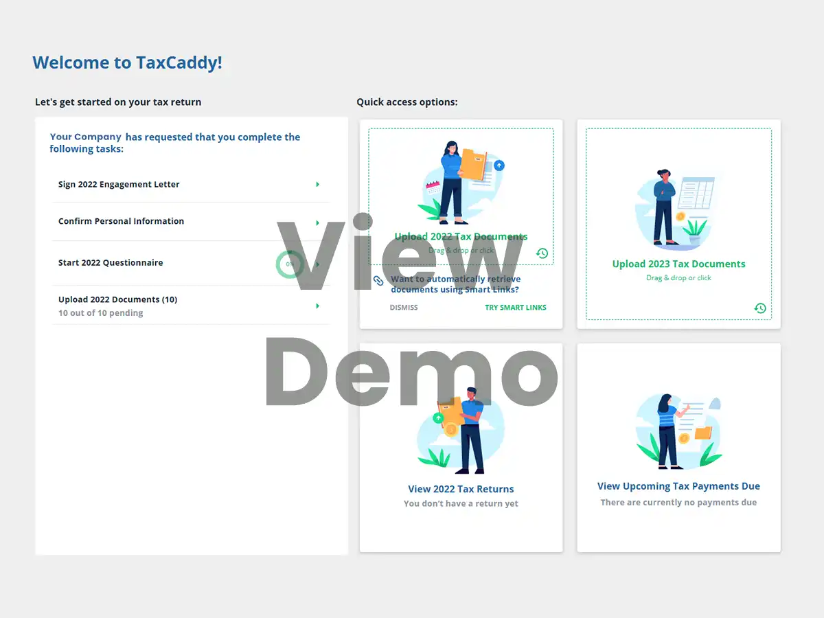 TaxCaddy demo dashboard illustrating an easy-to-use digital tax portal for document management, electronic signatures, and tax return tracking.