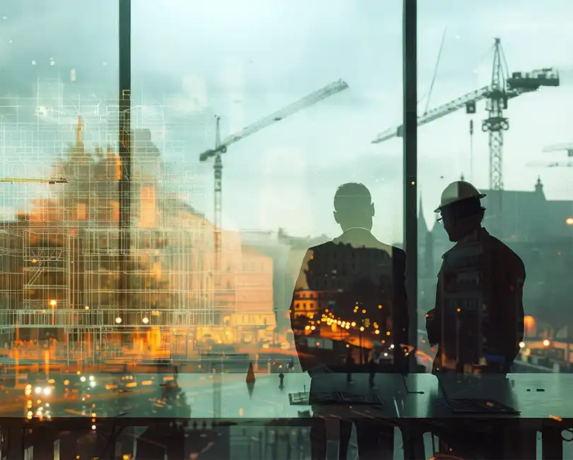 The composite visual features silhouettes of two professionals—one in business attire, one in a hard hat—overlaid with a glowing architectural blueprint and construction cranes.