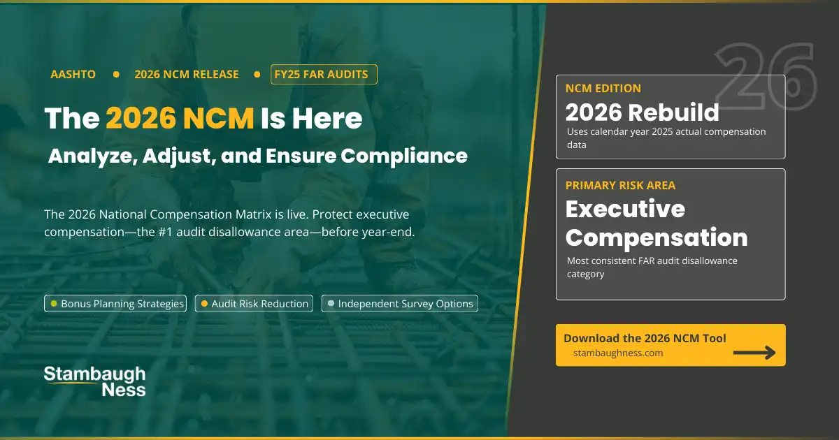 2026 National Compensation Matrix social graphic with headline 'The 2026 NCM Is Here — Analyze, Adjust, and Ensure Compliance,' highlighting executive compensation as the #1 FAR audit disallowance area, from Stambaugh Ness Government Contract Services.