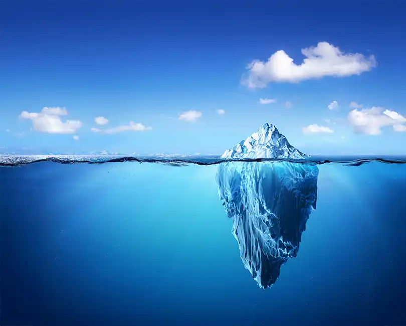 Iceberg visual representing AEC client expectations for project management, illustrating technical skills above the water and power skills like leadership and communication below the surface.