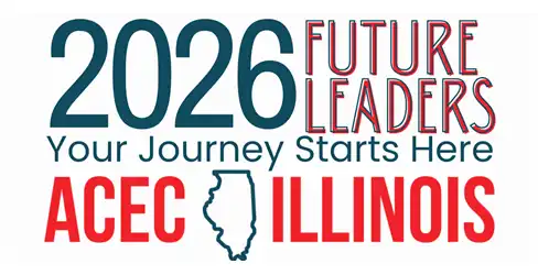 Promotional logo for the 2026 Future Leaders program by ACEC Illinois, featuring the text "2026 Future Leaders Your Journey Starts Here" alongside an outline of the state of Illinois.