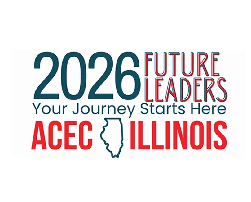 Promotional logo for the 2026 Future Leaders program by ACEC Illinois, featuring the text "2026 Future Leaders Your Journey Starts Here" alongside an outline of the state of Illinois.
