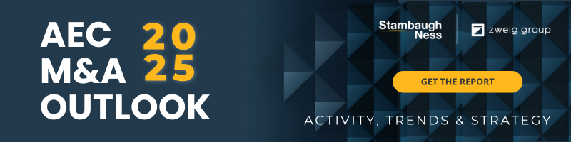 AEC M&A 2025 Outlook: Activity, Trends & Strategy report banner by Stambaugh Ness and Zweig Group.