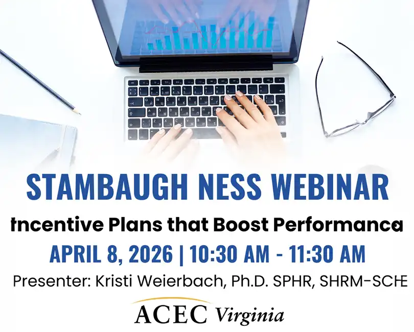Graphic for Stambaugh Ness and ACEC VA webinar: Incentive Plans that Boost Performance with Kristi Weierbach, April 8.