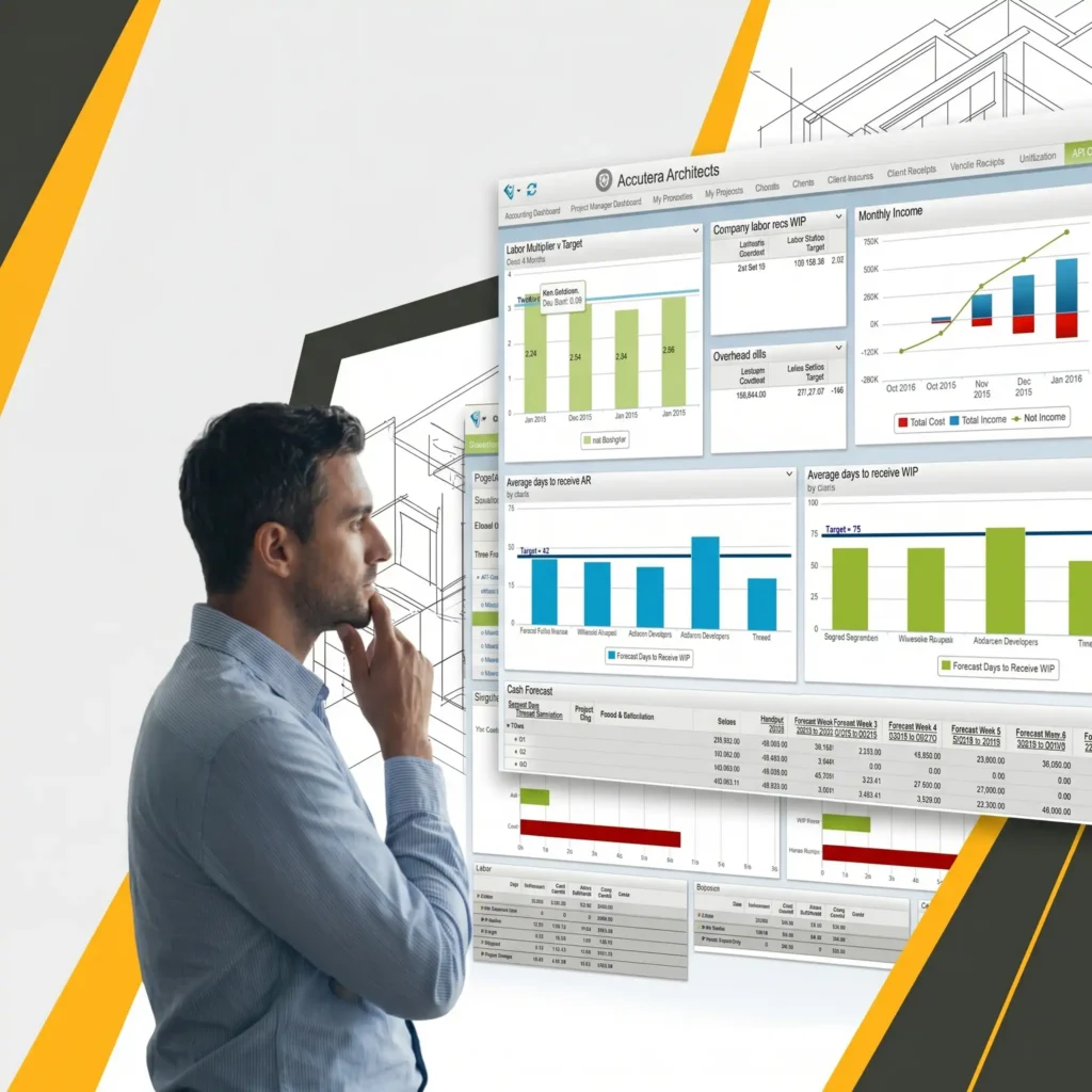 Close-up of an architecture firm principal reviewing Ajera performance metrics, including utilization and multiplier graphs, for strategic decision-making.
