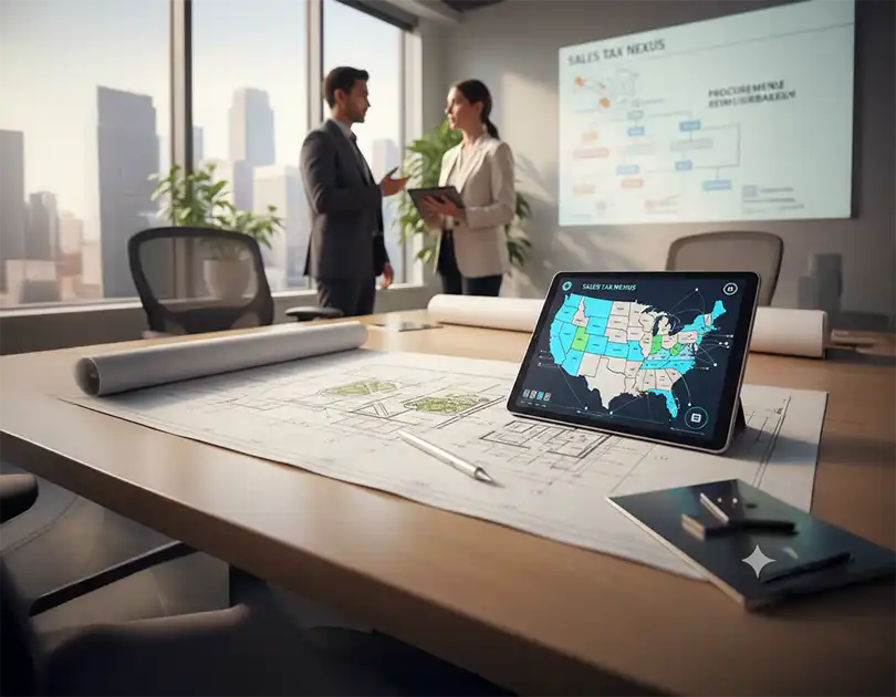 Architectural professionals reviewing US map for sales tax challenges facing architecture and engineering firms.