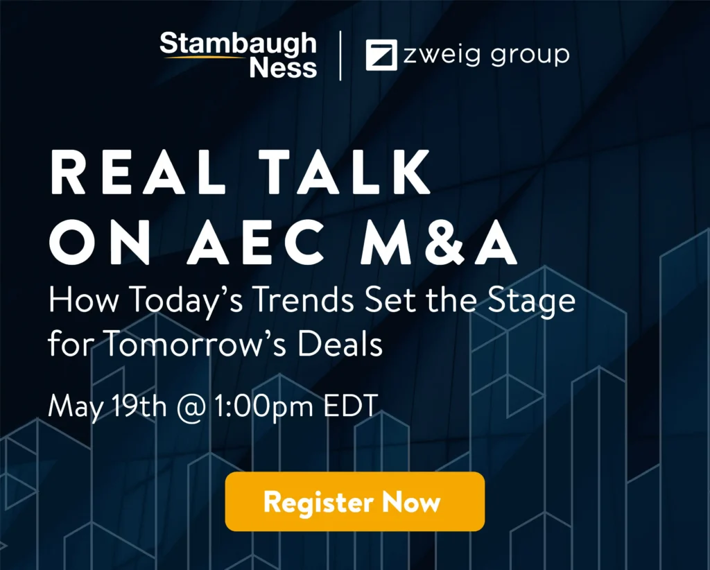 Promotional graphic for a Stambaugh Ness and Zweig Group webinar titled "Real Talk on AEC M&A: How Today’s Trends Set the Stage for Tomorrow’s Deals." The image features a dark navy architectural background with line-art city buildings, the event date of May 19th at 1:00 pm EDT, and a yellow "Register Now" button.